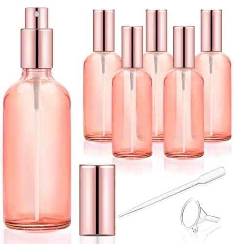 6 Pack 3.4 Oz Pink Glass Spray Bottles,Empty Perfume Fine Mist Atomizer,Refillable Travel Liquid Holder Containers for Cleaning Products,Essential Oils,Body Sprays-Rose-Golden Sprayer