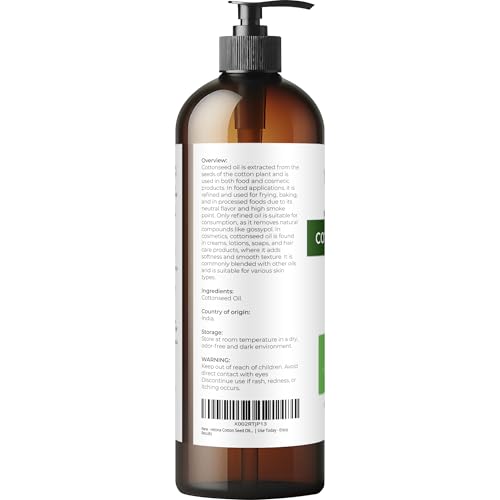Cotton Seed Oil by Velona - 16 Fl Oz | 100% Pure and Natural Carrier Oil | Refined, Cold pressed | Cooking, Skin, Face, Body, Hair Care | Use Today - Enjoy Results