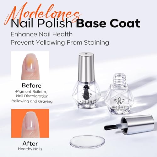 Modelones Clear Base and Top Coat Nail Polish Set - Quick Dry, High Gloss