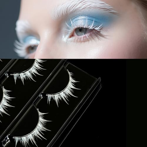 White False Wispy Eyelash Anime Cosplay Spiky Eyelashes Japanese Style Makeup Manga Lashes for Halloween Cosplay Party Stage Masquerade (3 Pairs) (white)