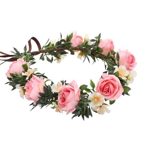 Pink Flower Crown Headband - Rose Floral Headpiece Adjustable Fairy Flower Crown for Women Girls Renaissance Birthday Wedding Party Photo Props