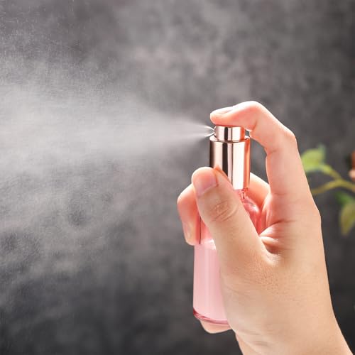 24 pack 1oz Pink Glass Spray Bottles Refillable Empty Perfume Pump Sprayer Mini Pink Fine Mist Atomizer with Rose Gold Lid for Body Essential Oils