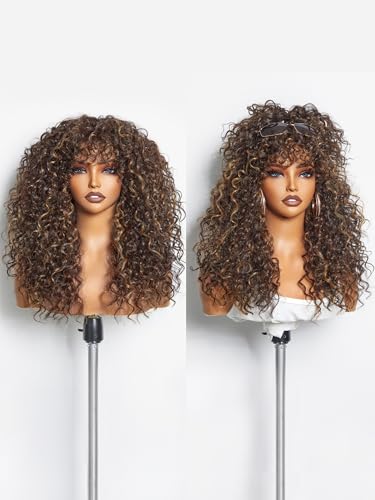20 Inch Curly Wig with Bangs - Human Hair Blend