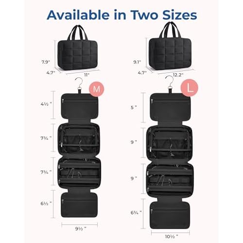 BAGSMART Travel Toiletry Bag with Jewelry Organizer, Hanging Travel Bag for Toiletries, Puffy Makeup Cosmetic Bag Organizer, Carry-on Travel Accessories Essentials, Black-L
