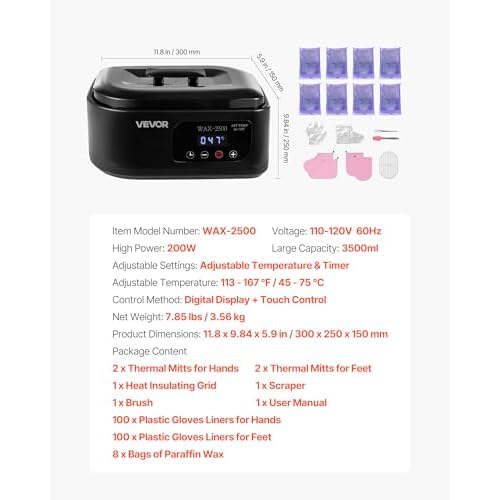 VEVOR Paraffin Wax Machine for Hands and Feet, 3500ML Professional Paraffin Wax Warmer, 113¢µ-167¢µ Digital Display Paraffin Bath Moisturizing Kit with Timer for Skin Hydration, Home Spa, Beauty Salons