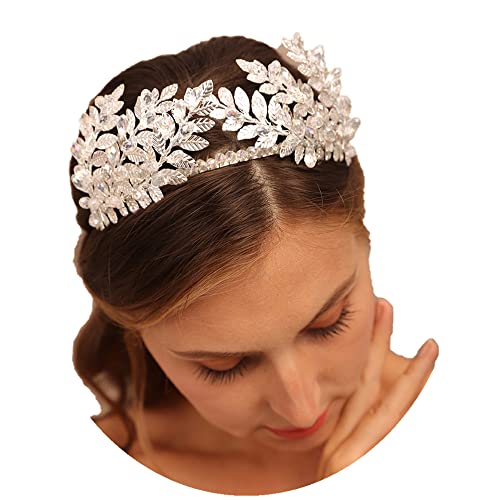 YERTTER Vintage Wedding Leaf Tiara Hair Crown Handmade Bride Hair Band Bridal Greek Goddess Pearl Head Pieces for Wedding Prom Birthday Party (Gold)