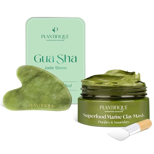 PLANTIFIQUE Gua Sha Facial Tools and Korean Skincare Clay Mask ? Hydrating Mud Mask with Avocado & Superfoods