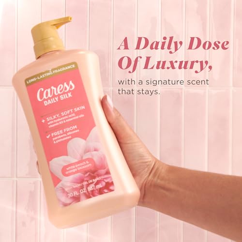 Caress Body Wash With Pump Daily Silk White Peach & Orange Blossom Body Soap for Noticeably Silky, Soft Skin 30 fl oz, 4 Pack
