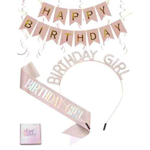 Rose Gold Birthday Girl Sash,Headband,Happy Birthday Banner,Hanging Swirl Decorations,Rhinestone Tiara Crown for Princess,Gift for Women.