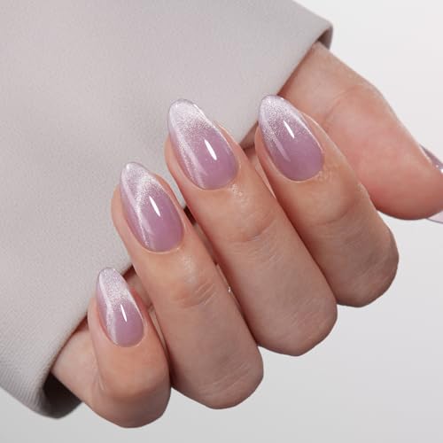 VSALON Press On Nails Short Almond Lavender Purple Cat Eye Design, 32 Pcs in 16 Sizes, Reusable Nail Kit with Long-Lasting UV Glue, Adhesive Tabs, Nail Glue & Nail Lamp