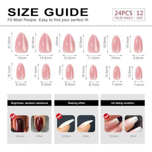 Stbisen Pink Pearl Glow Short Almond Press On Nails - Model 93, Reusable, Glossy Chrome Shimmer, Wedding & Daily Wear, 24pcs