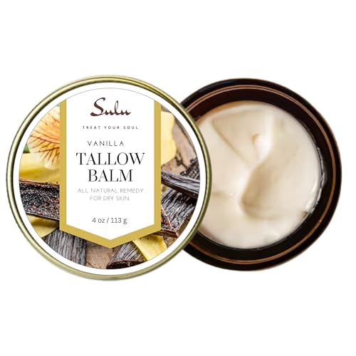 SULU ORGANICS Natural Whipped Tallow Balm for Face and Body, Natural Moisturizer made with Grassfed Beef Tallow- 4 oz/113 g (Vanilla)