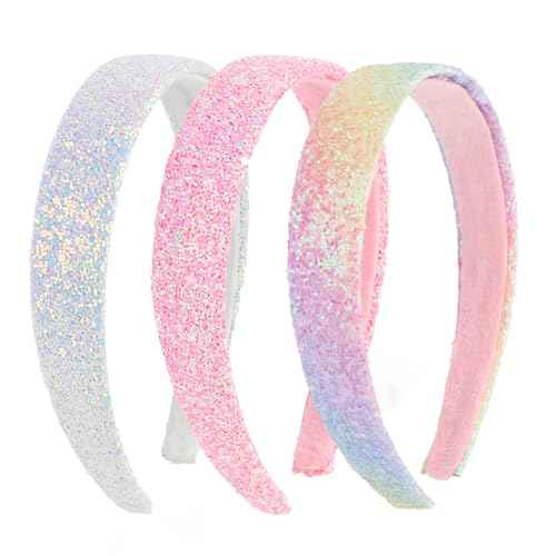 Girls Headbands, 3PCS Headbands for Girls Women Glitter Pink Rainbow White Headband Sparkly Sequin Headband Hair Accessories