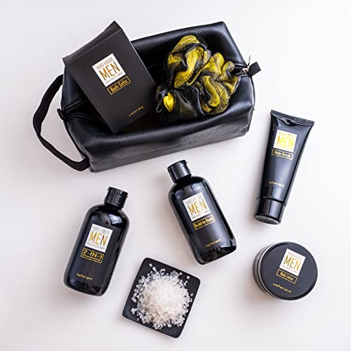 YARD HOUSE Bath and Body Spa Gift Baskets Set for Men - Sandalwood Amber - 7Pc Spa Kit w. Full Size Items in Leather Toiletry Bag - Fathers Day Birthday Gifts For Husband, Dad From Wife, Daughter Son