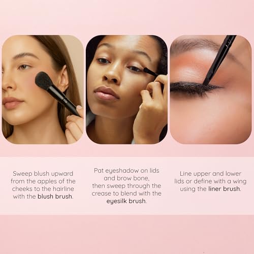 Aloette Professional 5-Piece Makeup Brush Set - Collection Includes Powder Brush, Blush Brush, Liquid Foundation Brush & 2 Eyeliner Brushes - Cruelty Free Synthetic Makeup Brushes for Face