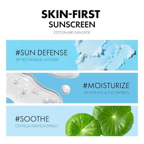 Cotton Airy Sun Stick SPF 50 Broad Spectrum Korean Matte Sunscreen Stick for Face - Travel Size Sebum Control Sunblock -Vegan, Lightweight, Non-Sticky 0.67 oz