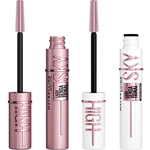 Maybelline Lash Sensational Sky High Washable Mascara + Boosting Lash Primer Makeup Bundle, Includes 1 Mascara in Blackest Black and 1 Eyelash Primer in Soft Black