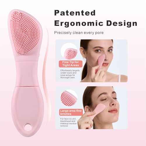 Silicone Face Scrubber Mask Applicator for Nourishing, Pore Deep Cleaning, Blackhead Remover & Exfoliator -No-Slip Long Handle, Gentle Face Massage,Daily Skin Care Tool for Women & Men (Pink)