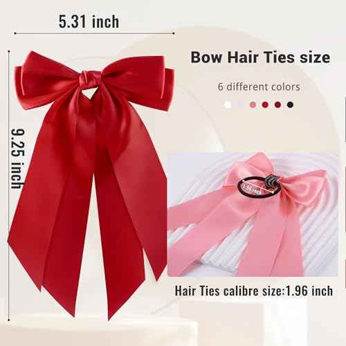 6Pcs Bow Hair Ties Non-Damage Ponytail Holders Hair Bows Ribbon for Women Fashion Bows Accessories for Girls Elastic Hair Bands(White/Pink/Red/Black)