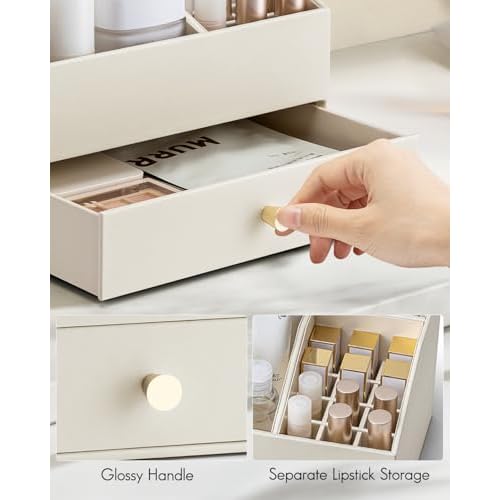VLANDO Makeup Organzier,Vanity Organizer with Drawers, PU Leather Skincare Organizer Perfume Organizer,Large Cosmetic Display Case for Lipstick,Brushes Gifts for Women-Beige