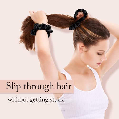 OLESILK Dark Night Black 100% Mulberry Silk Scrunchies for Women, No Damage Hair Ties (3 Pack)
