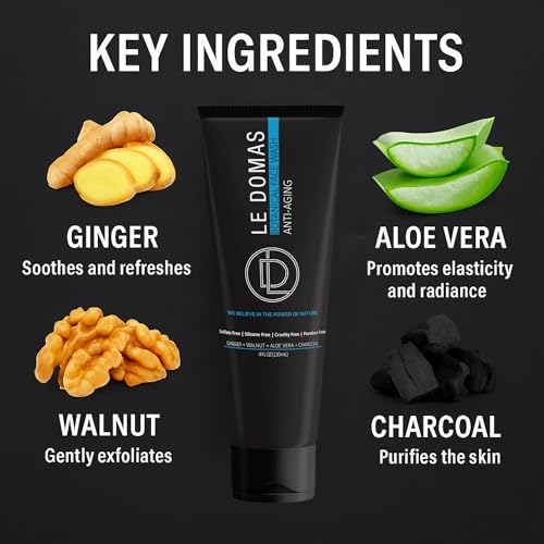 Botanical Face Wash with Ginger, Walnut, Aloe Vera & Charcoal ? Hydrating Facial Cleanser for Men & Women ? Sulfate Free, Gentle Skin Care Products & Face Wash for All Skin Types, 4 fl oz