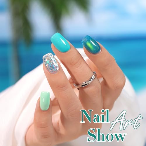 Double Rhythm 6 Pcs Gel Nail Polish Set - Mint Green Cat Eye & Glitter