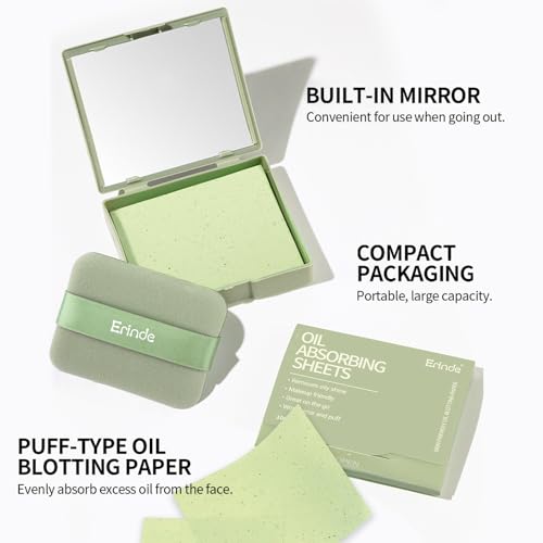 Erinde Oil Blotting Sheets for Face 300 Pack with Mirror & Puff