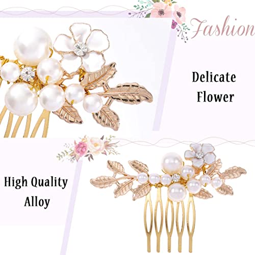 Bridal Wedding Hair Combs Gold Pearl Side Comb Flower Leaves Bride Hair Accessories for Women and Girls (Gold)