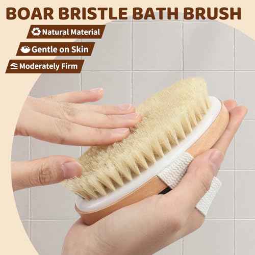 4 Pack Dry Body Brushing Brushes, Natural Bristle Exfoliating Scrub Brushes with Massage Nodes for Lymphatic Drainage, Skin Firming, Acne Treatment, and Cellulite Reduction