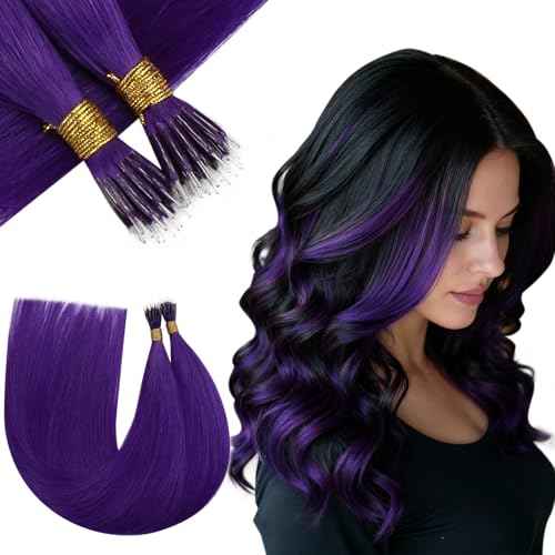 RUNATURE Nano Extensions Real Human Hair Purple Hair Extensions 16 Inch Nano Ring Hair Extensions Remy Real Hair Extension Nano Bead For Party 50g 50s