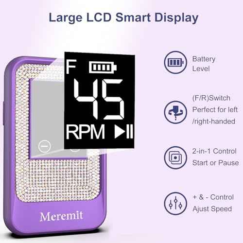 Professional Nail Drill Cordless 45000 RPM, Meremit Electric Nail File with Diamond Decoration, 12Pcs Drill Bits, Large LCD Screen, Rechargeable Electric Nail Machine Drill for Acrylic Gel Nail Polish