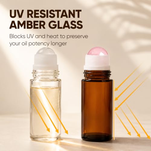 Rose Quartz Roller Bottle 50mL | Amber Glass Essential Oil Dispenser