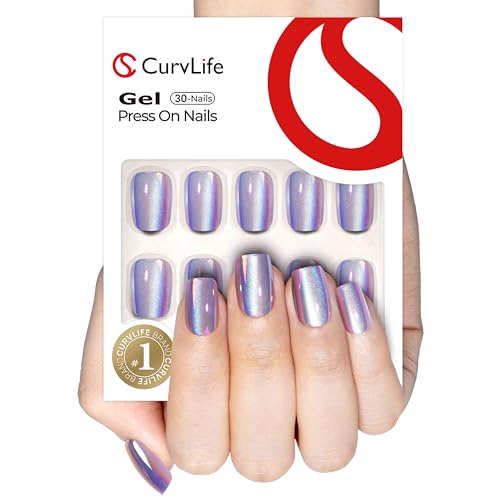 CurvLife Chrome Square Cat Eye Press-On Nails - Purple Soft Gel, Long-Lasting, Includes Nail Glue & Tabs