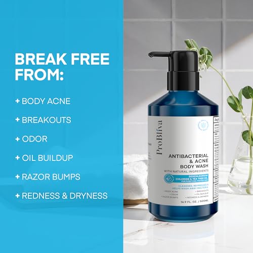 ProBliva Antibacterial Body Wash for Body Acne & Breakouts - Daily Body Soap for Oily Skin, Back & Body Odor, Razor Bumps - Men & Women