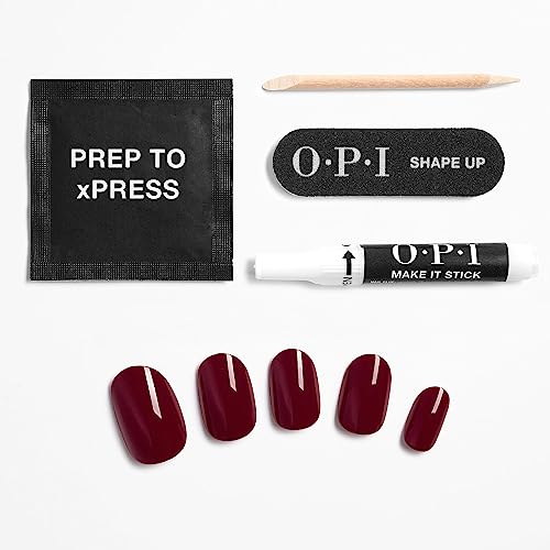 OPI xPRESS/ON Press On Nails, Up to 14 Days of Wear, Gel-Like Salon Manicure, Vegan, Sustainable Packaging, With Nail Glue, Short Red Nails, Malaga Wine