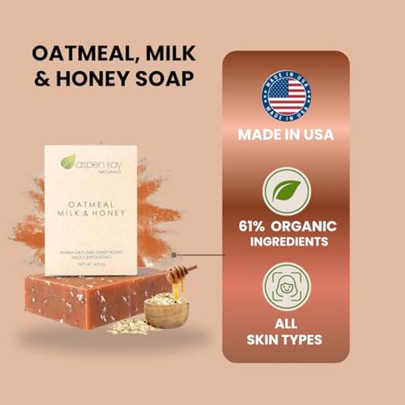 Aspen Kay Naturals Goats Milk, Honey & Oatmeal Soap Bar ? with Organic Raw Honey, Goats Milk, Rolled Oats & Shea Butter - Exfoliating Soap ? For All Skin Types - Handmade in Florida. 4.5 oz Bar