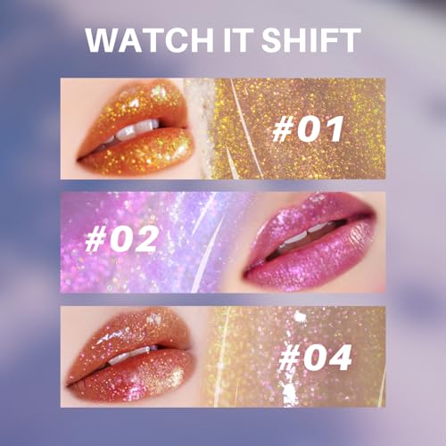 CHARMACY Aurora Chameleon Moisturizing Lip Gloss, MultiColor Shifting Shimmer Lip Gloss, Hydrating Non-Sticky Formula Glitter Lip Glaze, Easy to Apply, Long-Lasting, High-Shine Sheer Finish #02
