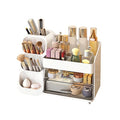 DASITON Makeup Organizer with Brush Holder for Vanity, Bathroom Countertop Organizer with 2 Drawers, Large skincare storage organizers for perfume, lipstick, Nail Polishes and Beauty Essential (White)