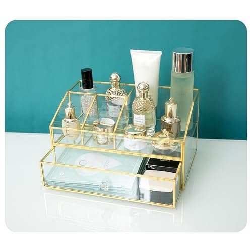 JIARI Glass Makeup Organizer with Drawer, Gold Frame Jewelry Display Box, Nordic Style Cosmetic Storage for Vanity Bathroom Bedroom Office, 9.44x5.43x4.92 Inches (Storage Box-2 Tier)