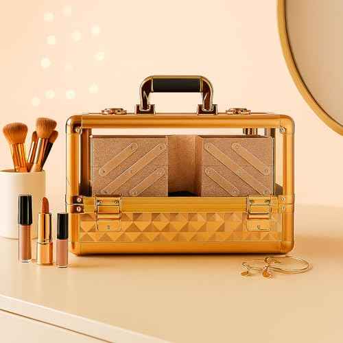 Ver Beauty Rose Gold Diamond Makeup Train Case with 6 Accordion Trays ? Lockable Cosmetic Organizer with Spacious Interior & Clear Acrylic Top