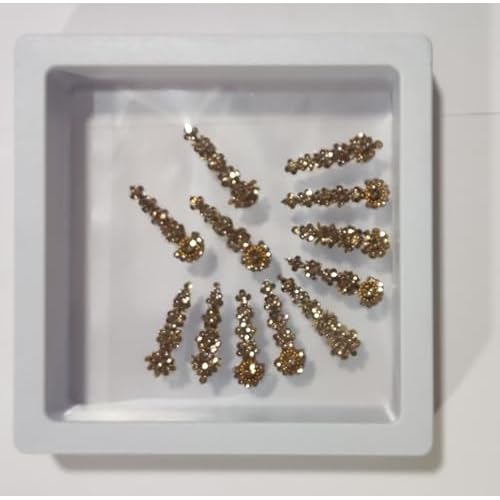12 Bindi Box Long Crystal Bindis Bridal face Jewels Forehead Tika (With Extra Crystal Stones) | wedding makeup party event body art temporary tattoo Indian Bindi for women (Golden)