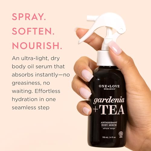 One Love Organics Gardenia + Tea Antioxidant Body Oil Spray ? Lightweight Certified Organic & Cruelty Free Dry Oil Mist for Silky, Hydrated Skin 4 oz