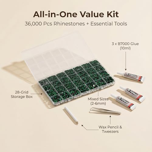 Emerald Green Rhinestone Bedazzling Kit - 37,000 Pieces, 2-6mm, 28-Grid Storage, Glue Included