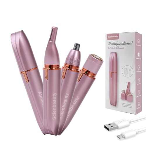 Scienbeauty Nose Ear Hair Trimmer Facial & Eyebrow Hair Remover for Women, 3 in 1 USB Rechargeable Painless Hair Removal Kit with 3 Replaceable Rinseable Grooming Heads