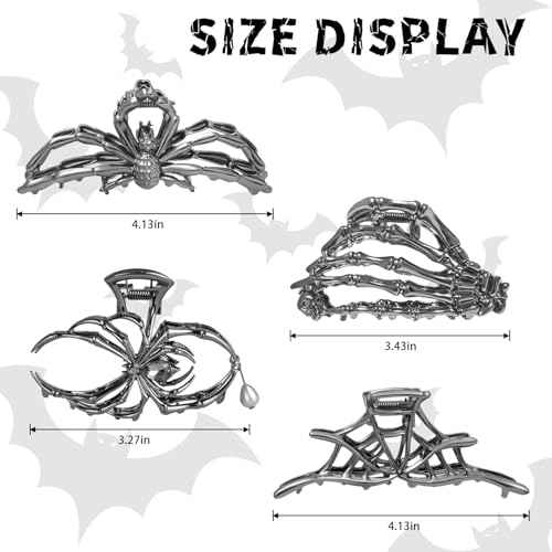 4Pack Claw Clips Hair Accessorie Metal Black Spider Web hair clips Skeleton Hand Skull Hair Clips for Women And Girls,Goth Accessories for Thick Hair, Halloween Christmas Gift.(Black 4Pcs)