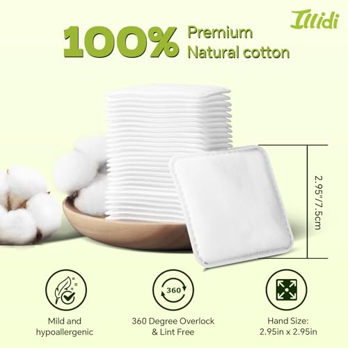 Illidi Large Square Cotton Pads - 80 Count Lint-Free Cleansing Pads