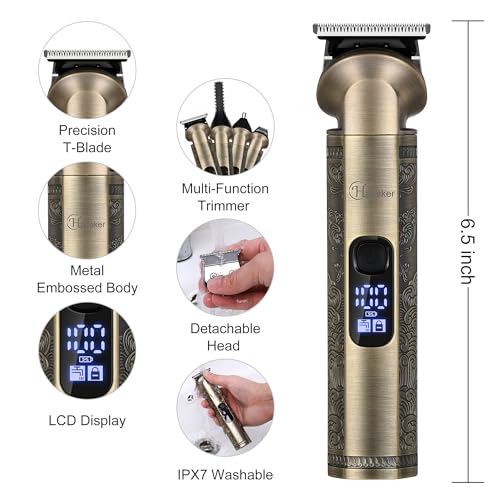 Hatteker Bronze Professional Cordless Hair Clippers & Trimmer Set with T-Blade, Waterproof Grooming Kit