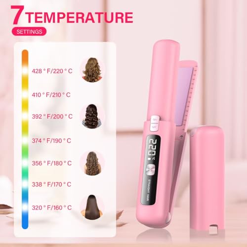 Prettrans Cordless Hair Straightener & Curler 2 in 1 - Mini, USB Rechargeable, Fast Heating, Portable Ceramic Flat Iron (Pink)