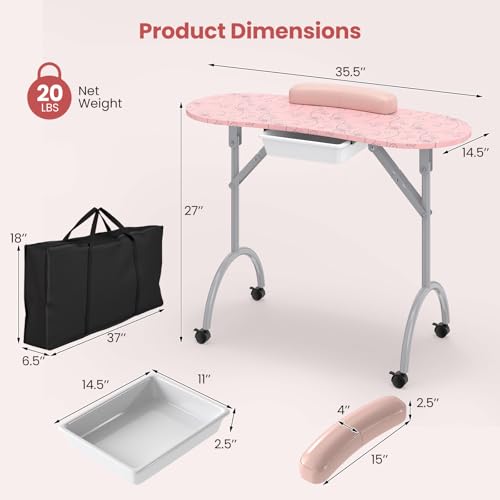 Foldable Portable Nail Table with Lockable Wheels & Carrying Bag